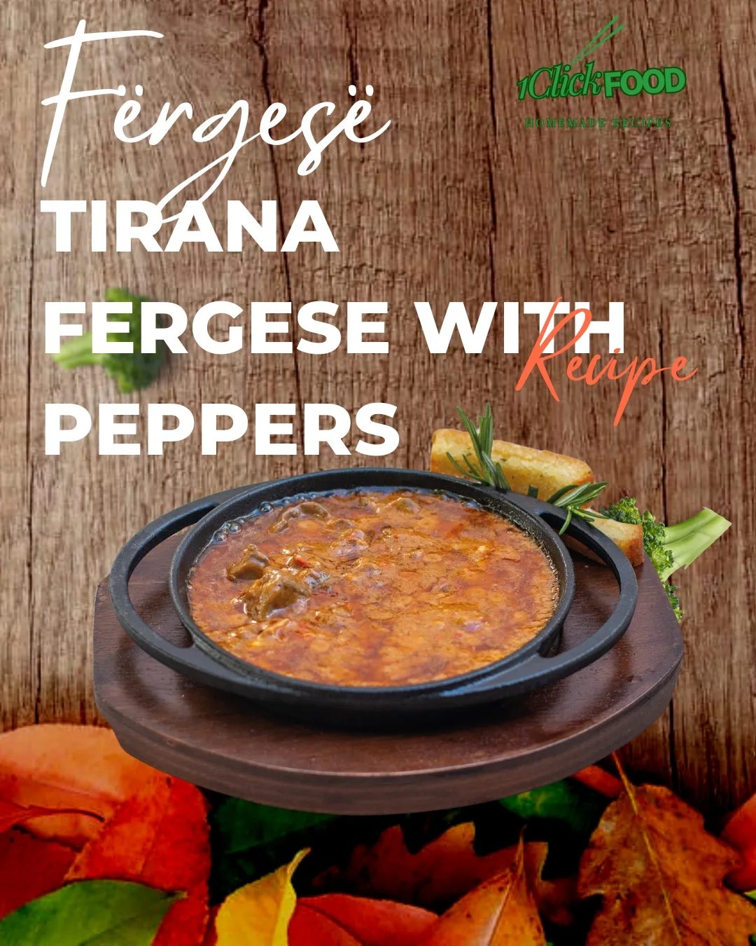 Traditional Albanian dish Fërgesë from Tirana served in a black skillet on a wooden tray, garnished with herbs and bread, with a rustic autumn-themed background.