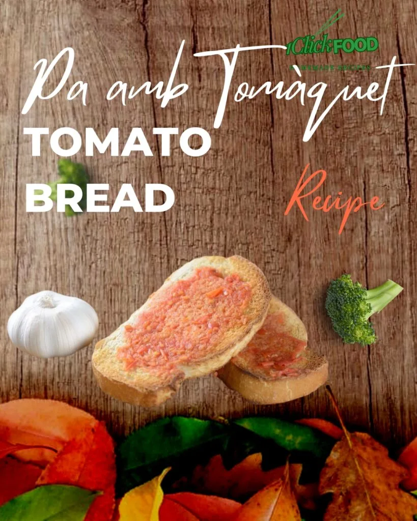 Tomato bread with garlic and ripe tomato on crusty slices, placed on a wooden table with autumn leaves.